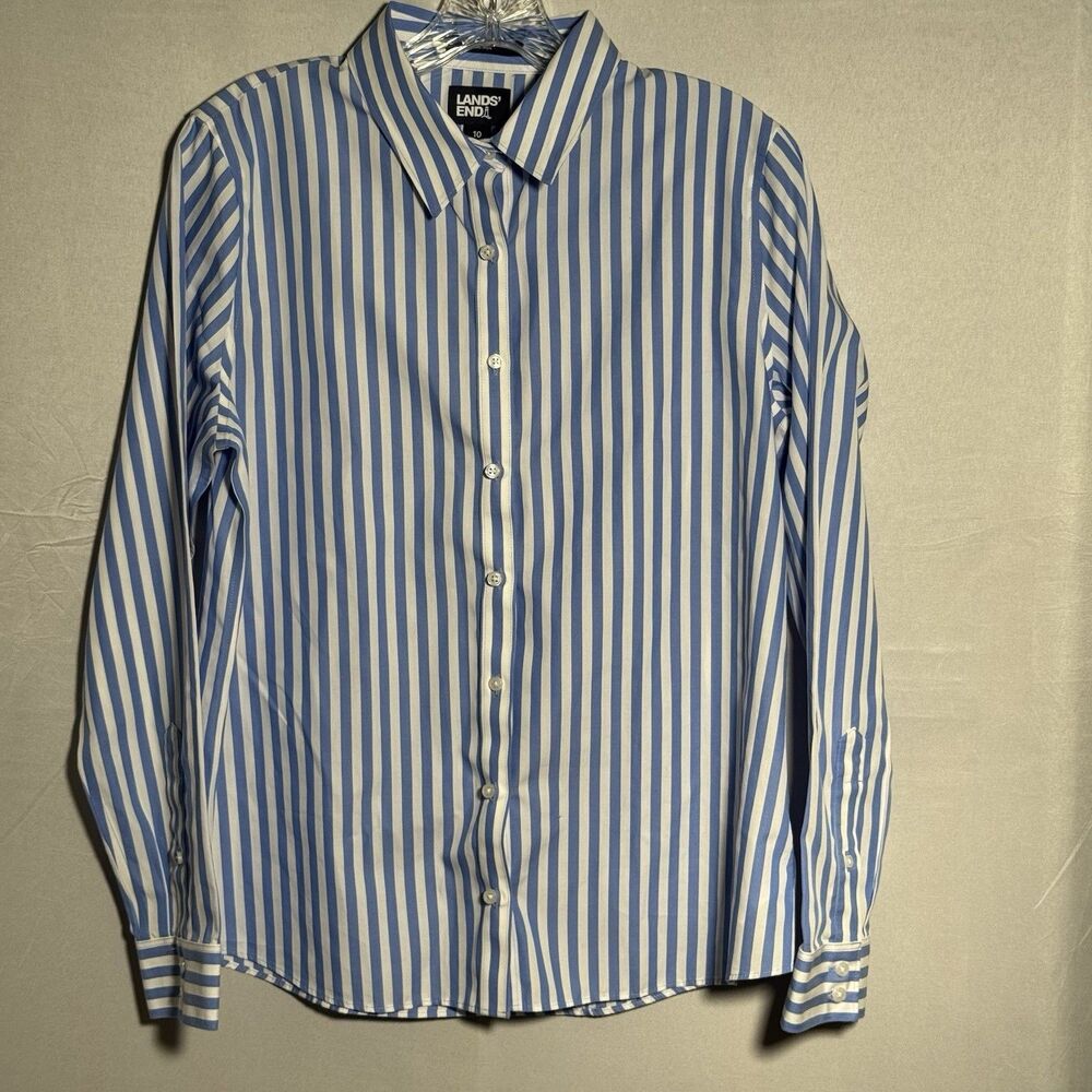 Lands’ End Women’s Size 10 Blue White Stripe 100% Cotton No Iron Shirt Classic